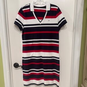Tommy Hilfiger Red, White & Navy Striped V-Neck Polo Dress